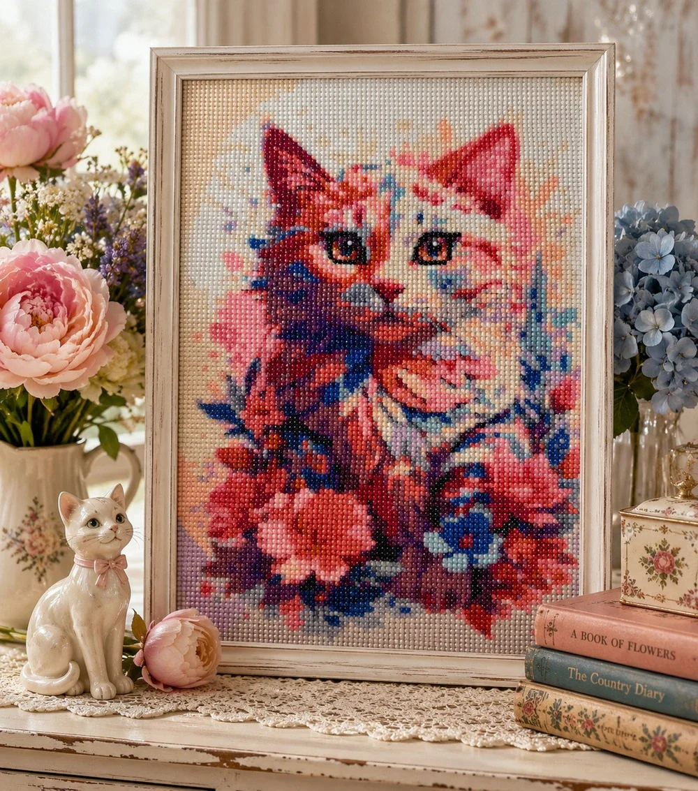 Completed Diamond Art Floral Cat Portrait Watercolor Kitten Wall Décor 12